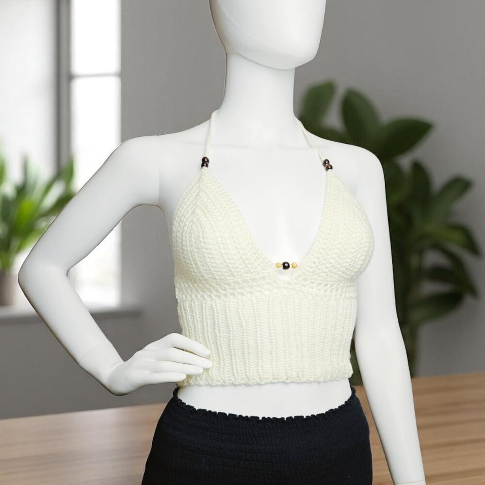 🌸 Handmade Crochet + Knit Rib Halter Top 🌸‎